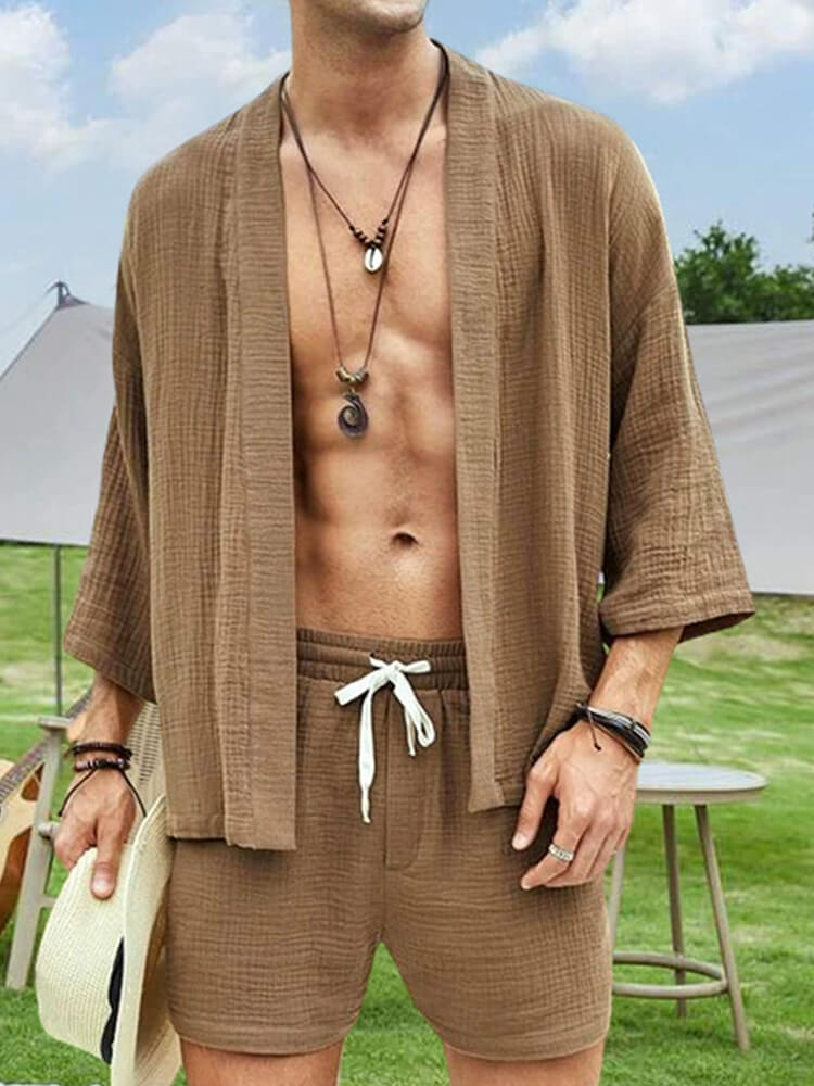 Men's Solid Color Loose Casual Shirt Shorts Set