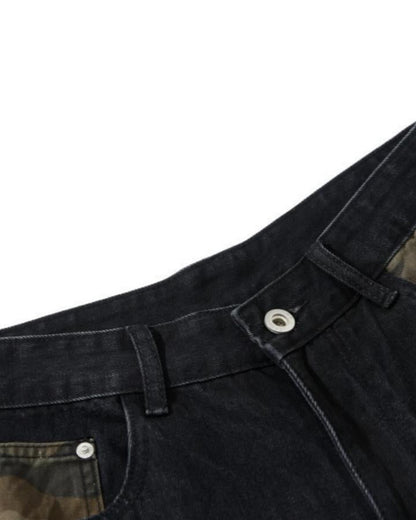 American-Style Ripped Camouflage Faux Two-Piece Denim Capri Pants