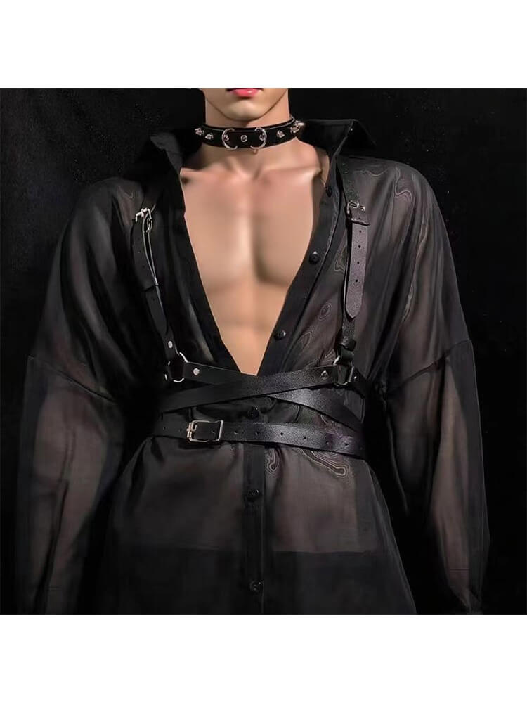 Men's Sexy Bondage Strappy Shirt & Tie Costume Set