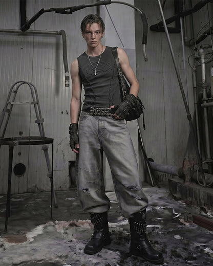 Dark Washed Distressed Sleeveless Ribbed Tank Top