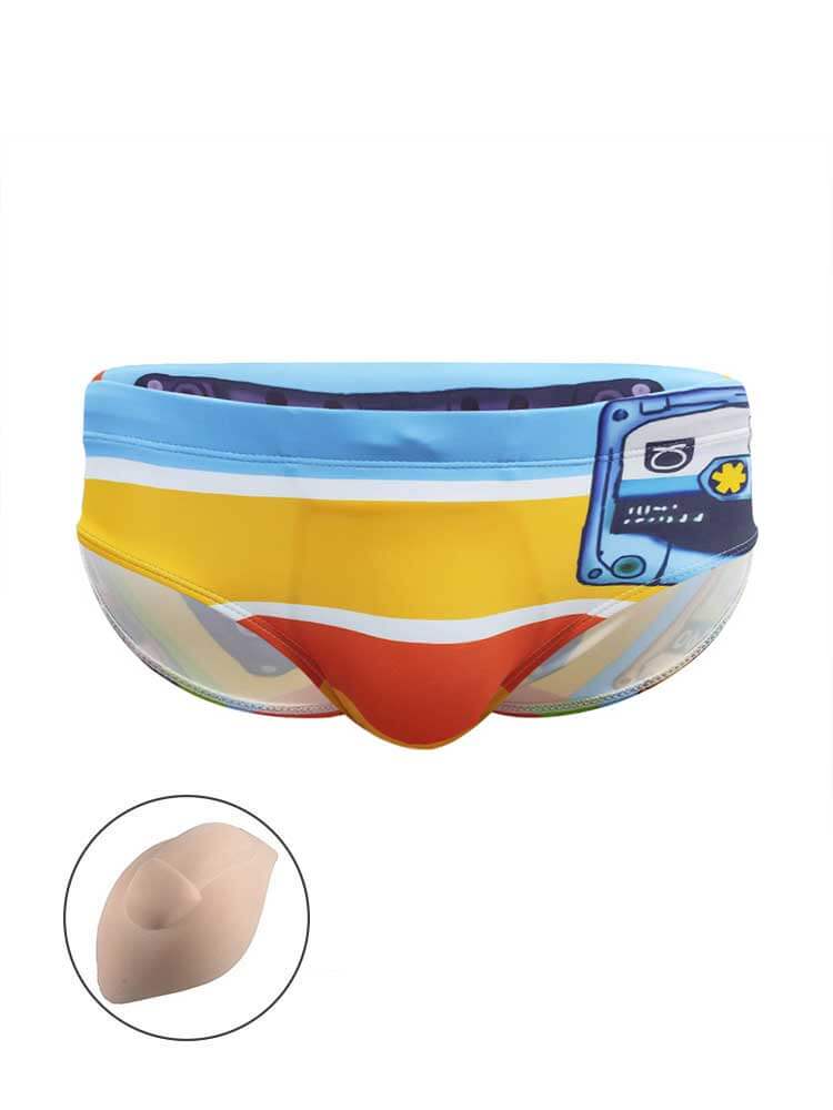 Men's Sexy Striped Cassette Tape Print Swim Briefs