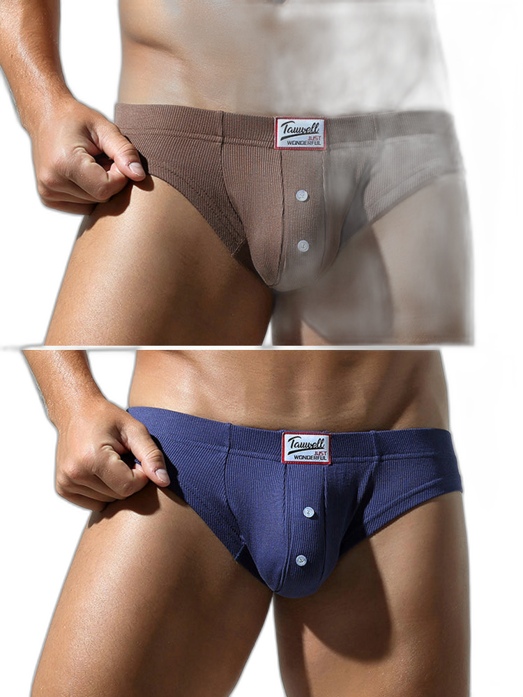 2 Pack Men's Ribbed Briefs with Decorative Button and Contour U-Pouch