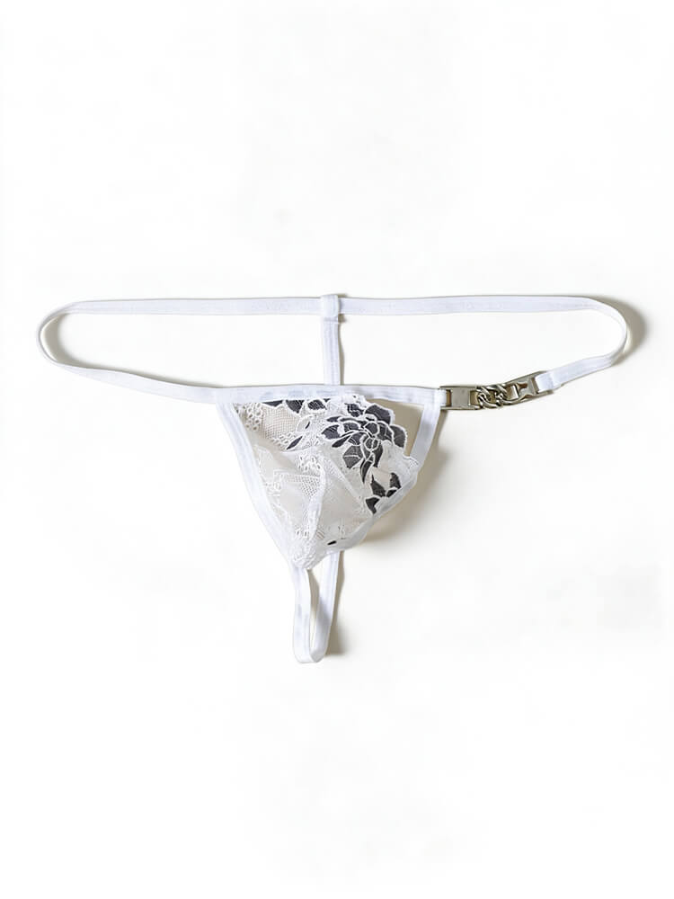 Men's Floral Embroidered Lace Metal Chain Thong