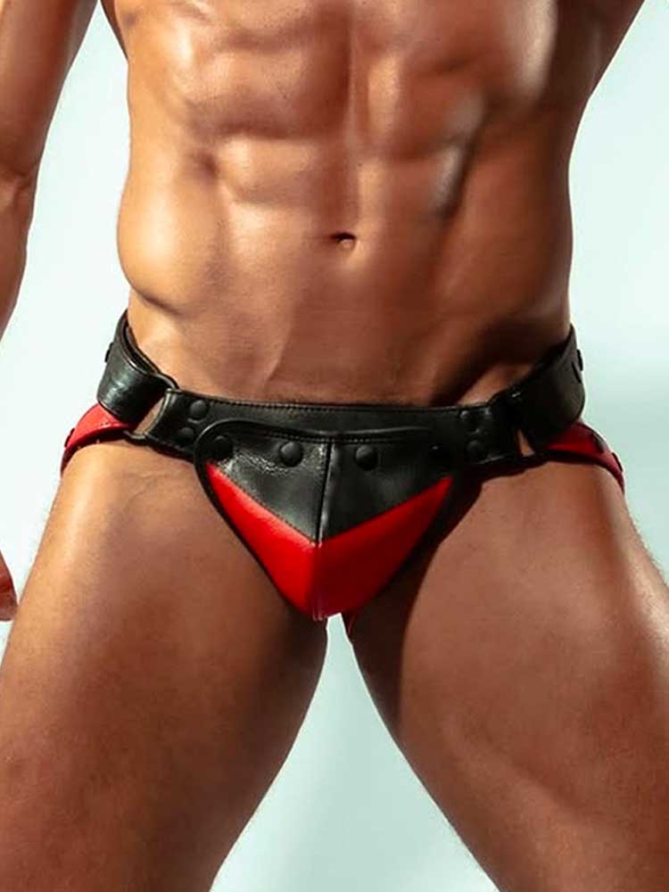 Men's Sexy Color-Blocked Genuine Leather Jockstrap