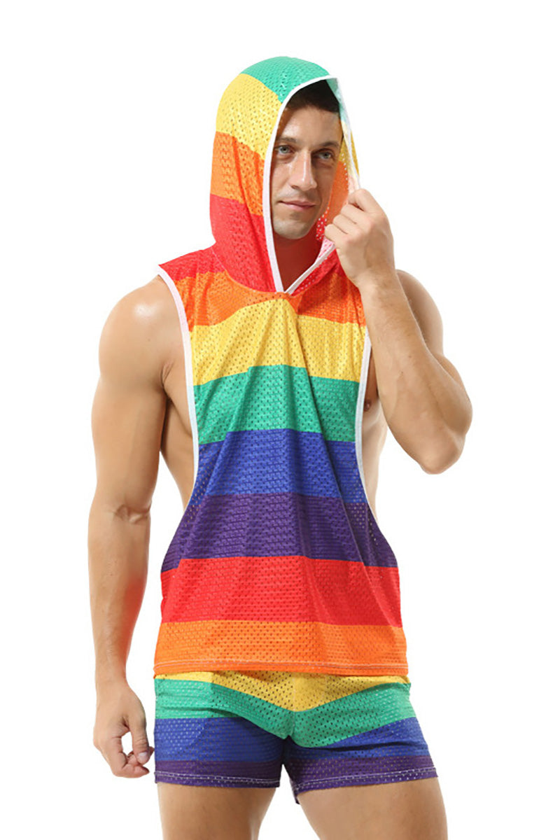 Rainbow Striped Hooded Tank Top Shorts Two-Piece Set