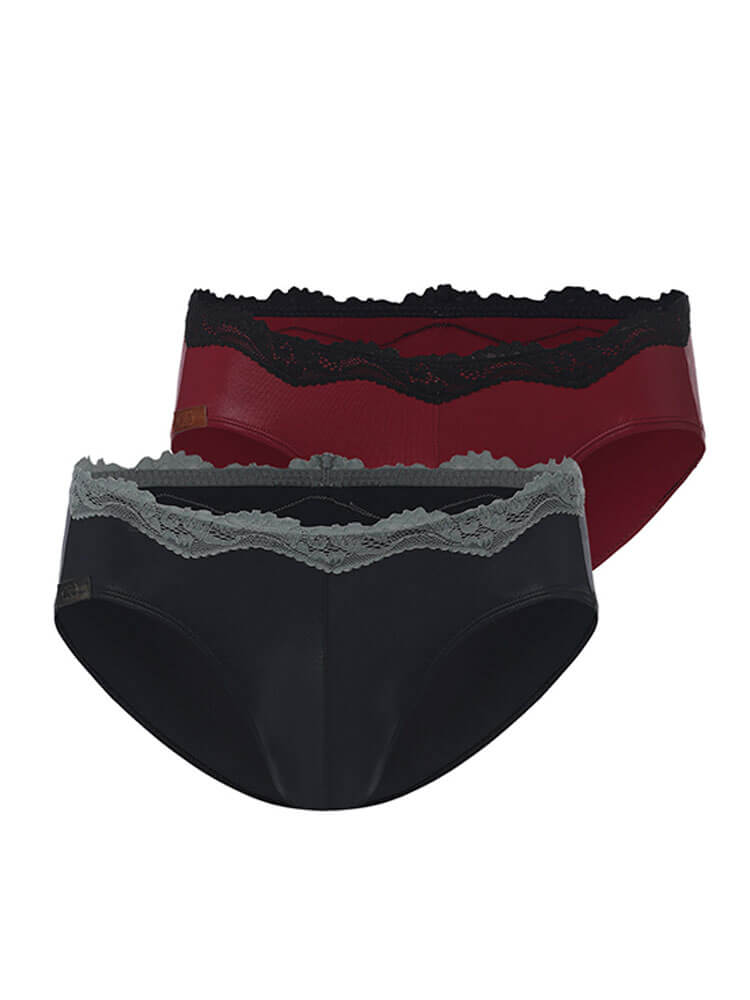Men's Sexy Lace Trim Faux Leather Glossy Briefs