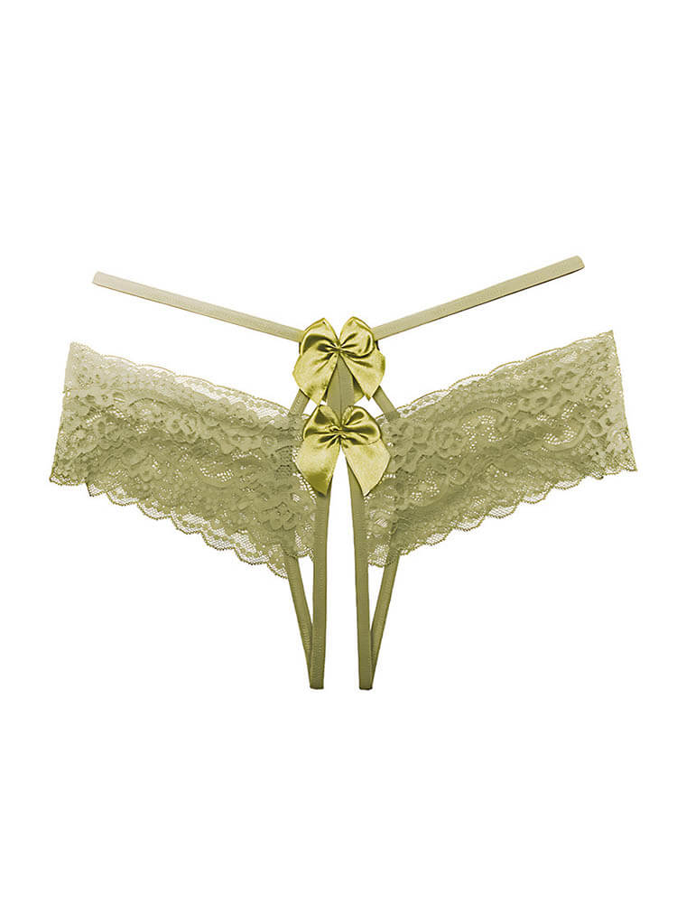 Sexy No-Remove Bow Lace Open Crotch Thong
