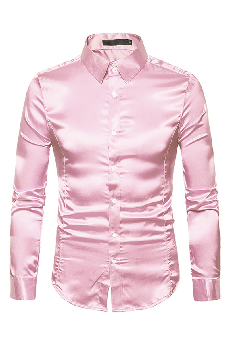 Satin Button Turndown Collar Slim Semi Formal Long Sleeve Shirt