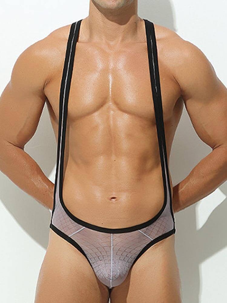 Men's Sexy Transparent Deep V Suspender Bodysuit