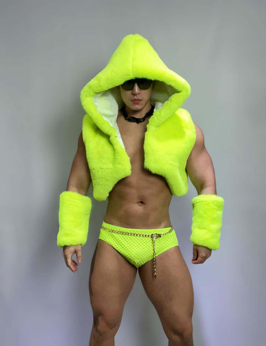 Men's Fluorescent Green Faux Fur Vest Set