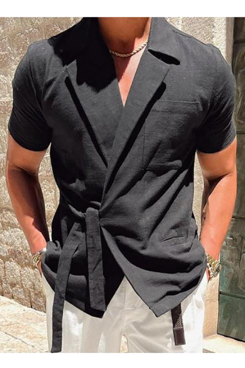 Men's Lapel Collar Lace-Up Short Sleeve Shirt
