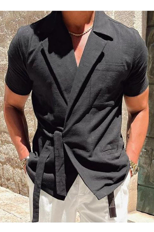 Men's Lapel Collar Lace-Up Short Sleeve Shirt