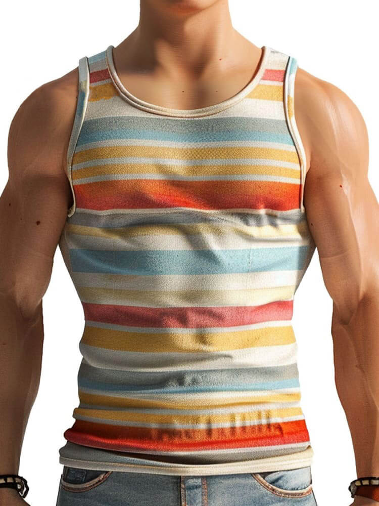 Men's Colorful Striped Crew Neck Sports Vest
