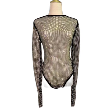 Women's Rhinestone Fishnet See-Through Sexy Bodysuit