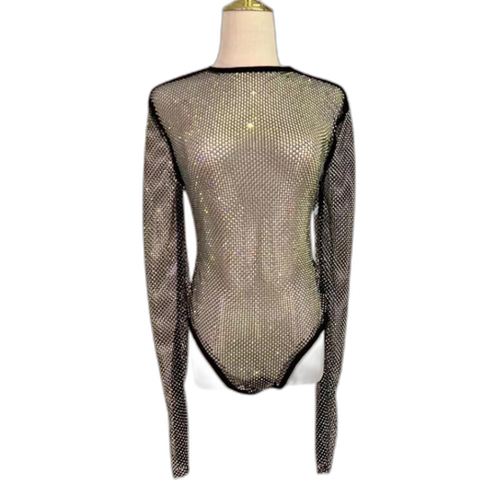 Women's Rhinestone Fishnet See-Through Sexy Bodysuit