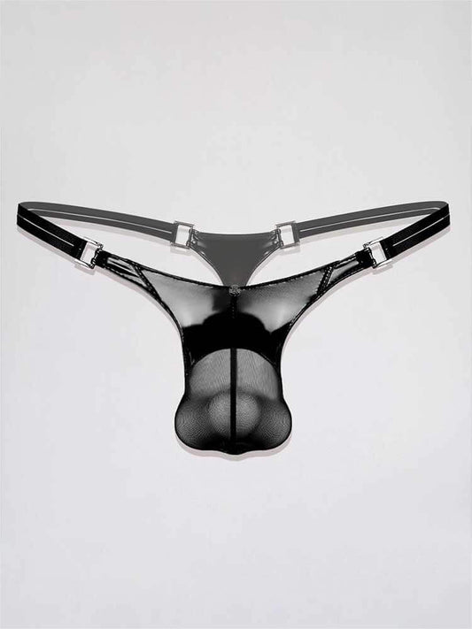 Men's Sexy Black Sheer Mesh Patent Leather Thong