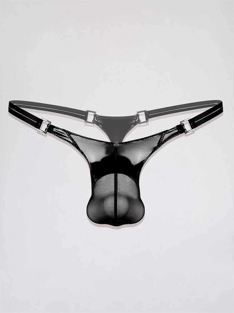 Men's Sexy Black Sheer Mesh Patent Leather Thong