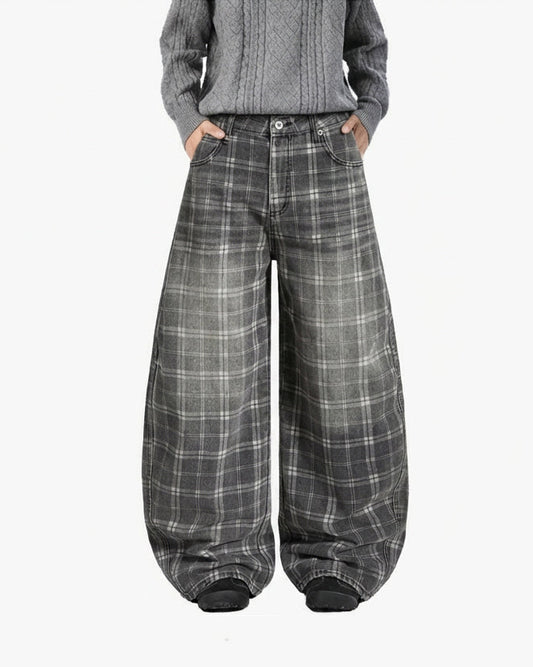 Retro Plaid Wide-Leg Casual Pants