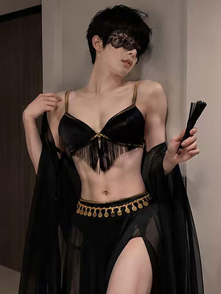 Men's Sheer Mesh Tassel-Detail Side-Slit Set
