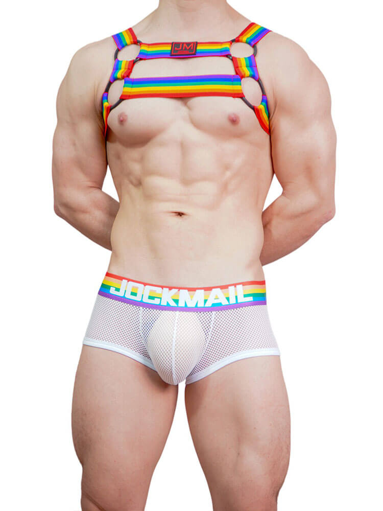 Men's Sexy Rainbow Harness Mesh Trunks Set