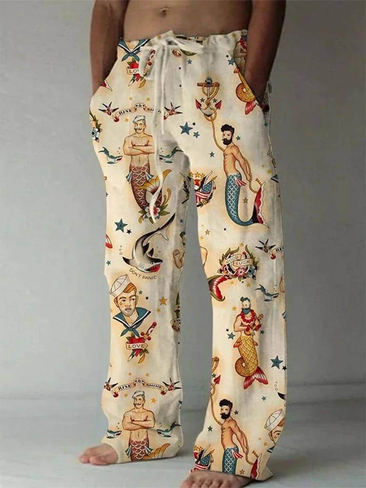 Men's Retro Mermaid Sailor Print Top and Pants 