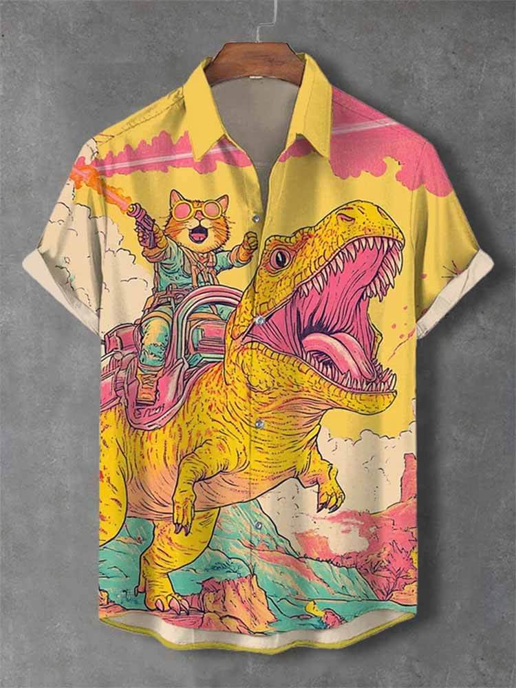 Men's Casual Cat And Dinosaur Fantasy Art Print Shirt
