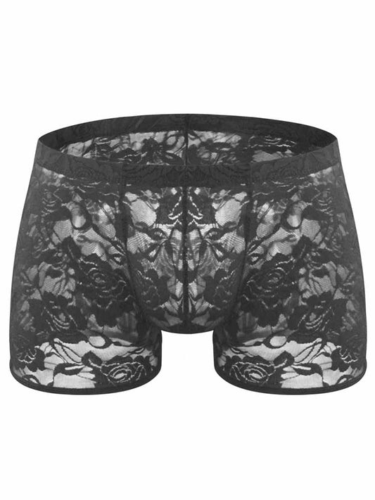 Men's Low Waist Rose Lace See-Through Trunks