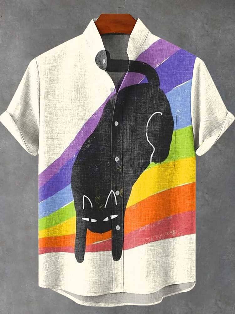 Men Casual Rainbow Black Cat Print Cotton Shirt