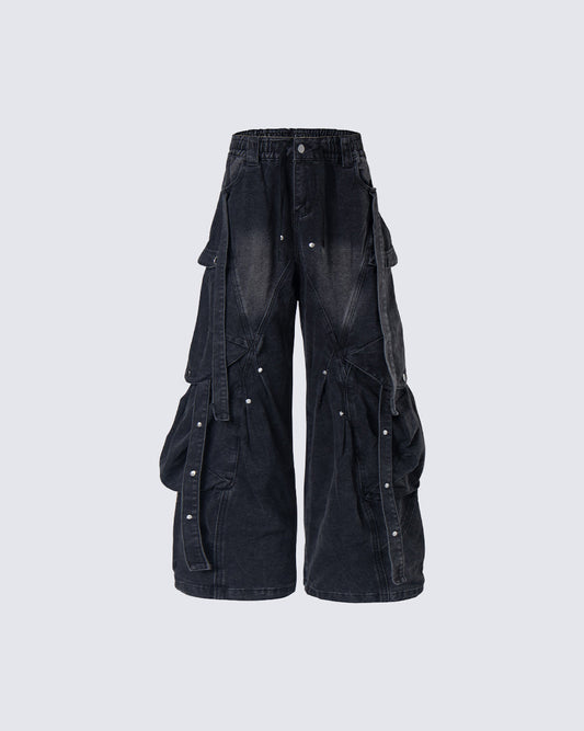 New Dark Washed Utility Strap Wide Leg Jeans