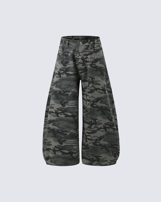 Vintage Camo Rhinestone Loose Balloon Denim Pants