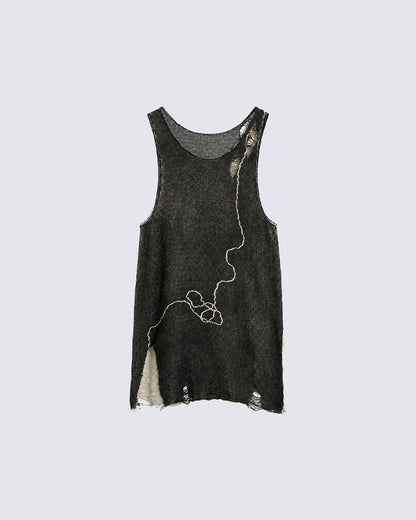 New Black White Distressed Knit Tank Top