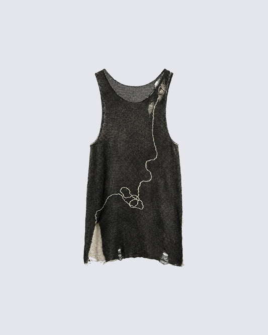 New Black White Distressed Knit Tank Top
