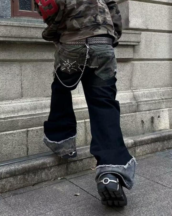 Punk Camouflage Patchwork Ripped Flared Jeans