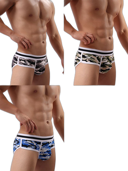 3 Pack Men's Mid-Rise Breathable Soft Cotton Camouflage Stretch Fit Bikini