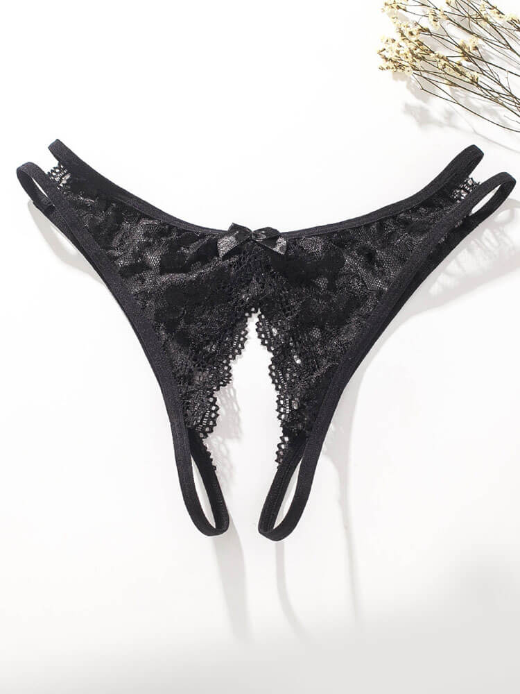 Sexy See-Through Bow Lace Open-Crotch Thong