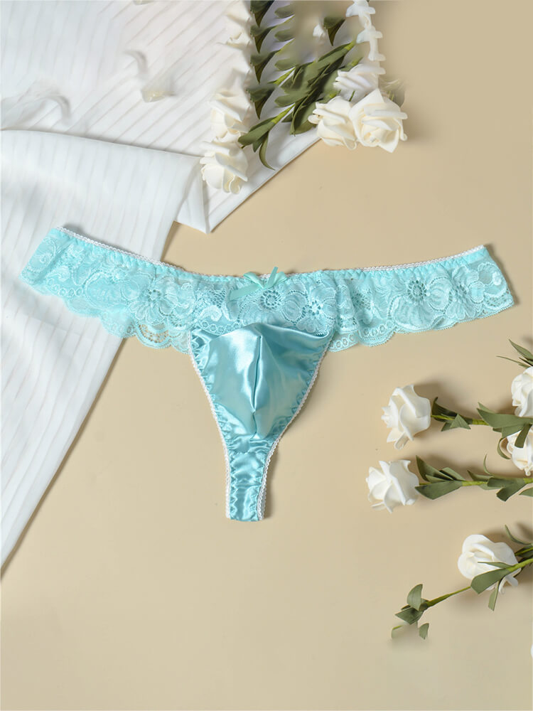 Men's Lace Trim Low-Rise Satin Seamless Thong