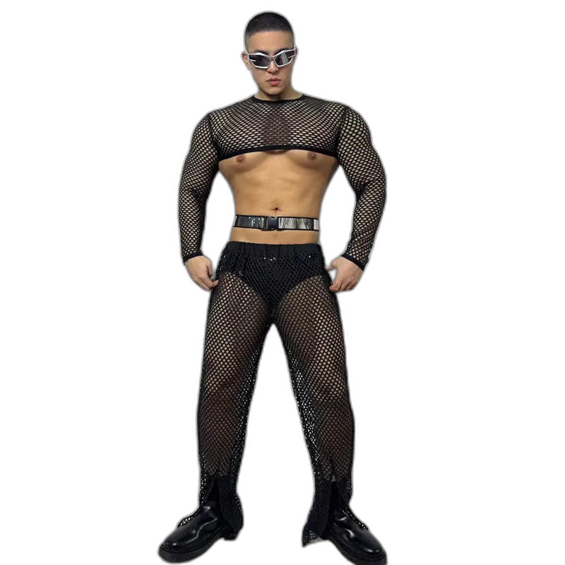 Fluorescent Fishnet See-Through Bodysuit Set