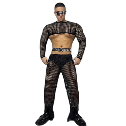 Fluorescent Fishnet See-Through Bodysuit Set