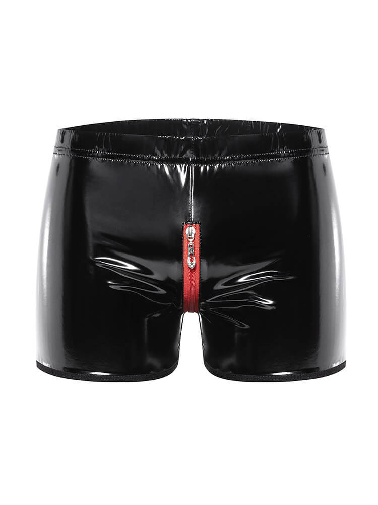 Men's PVC Patent Leather Zip Crotchless Shorts