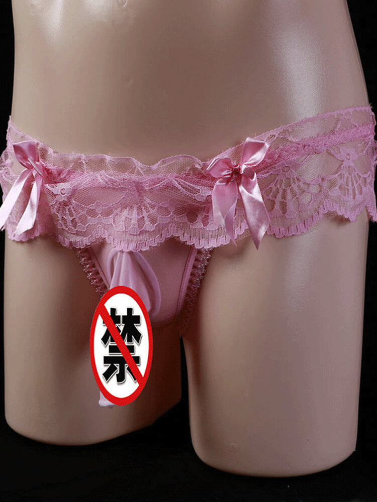 Men's Seamless Transparent Lace Thong Briefs