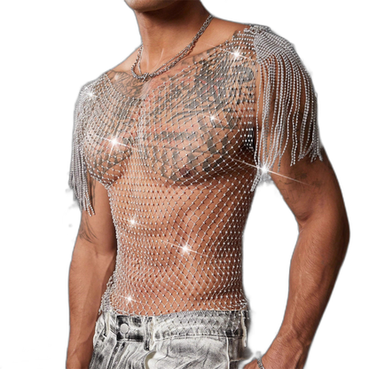 Rhinestone Fringe Mesh Top