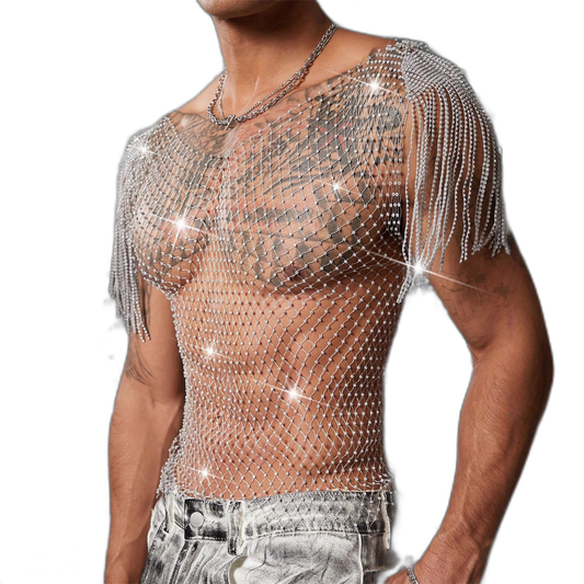 Rhinestone Fringe Mesh Top