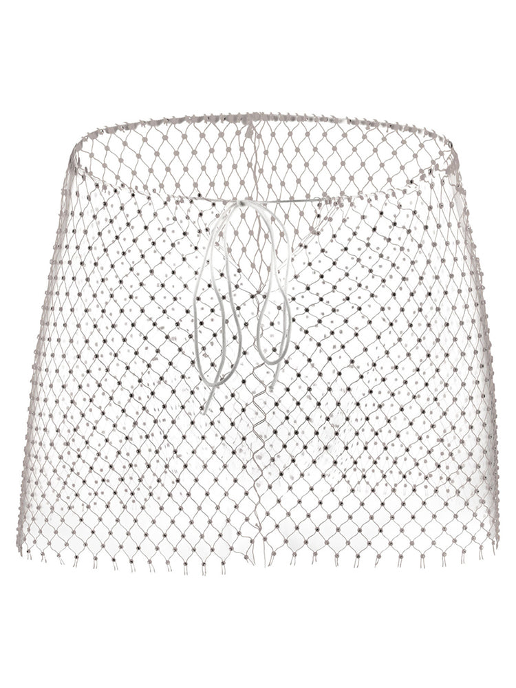 Men's Rhinestone See Through Fishing Net Cutout Nylon Vest Shorts Two Piece Set - Orange