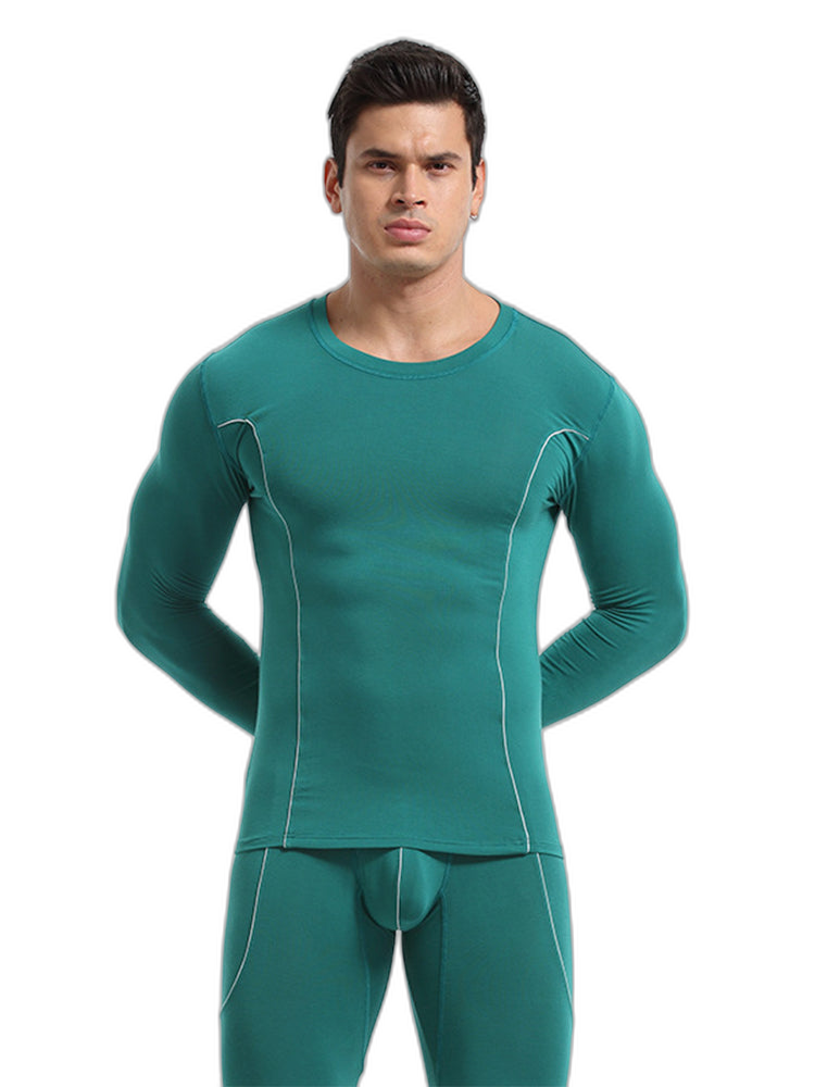 Men's Round Neck Solid Color Bamboo Fiber Thermal Underwear Set