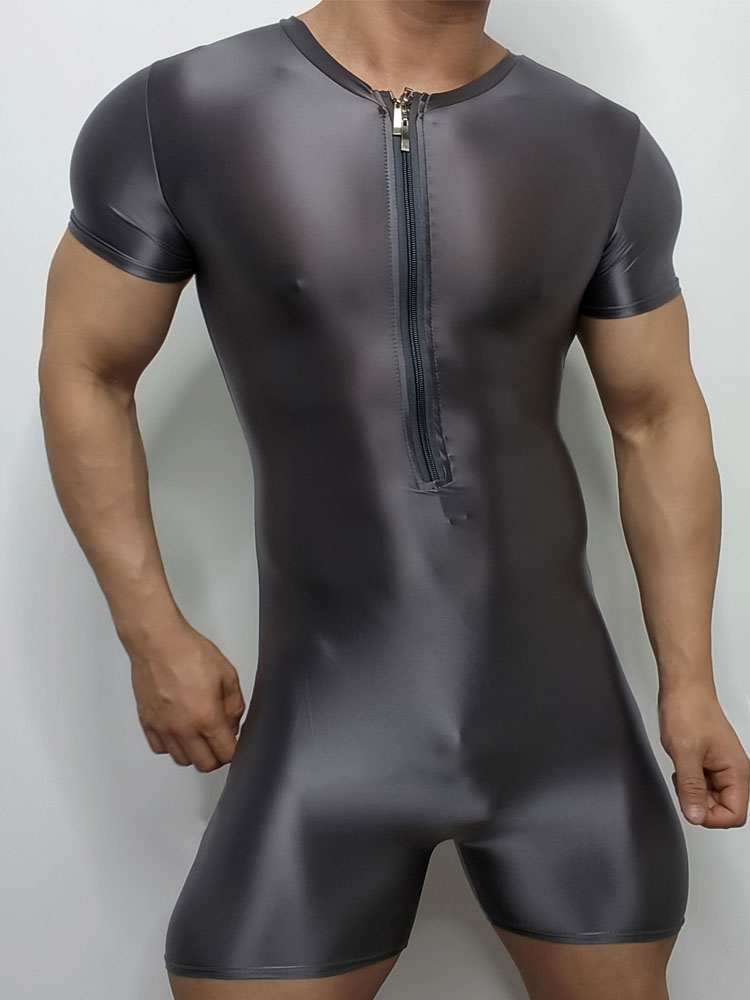 Men's Zip-Up Design Oiled Shinny Bodysuit