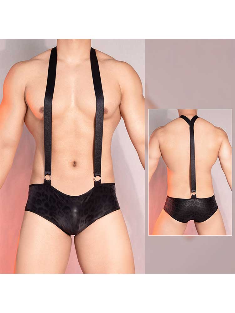 Men's Sexy Leopard-Print Embossed PU Leather Bodysuit