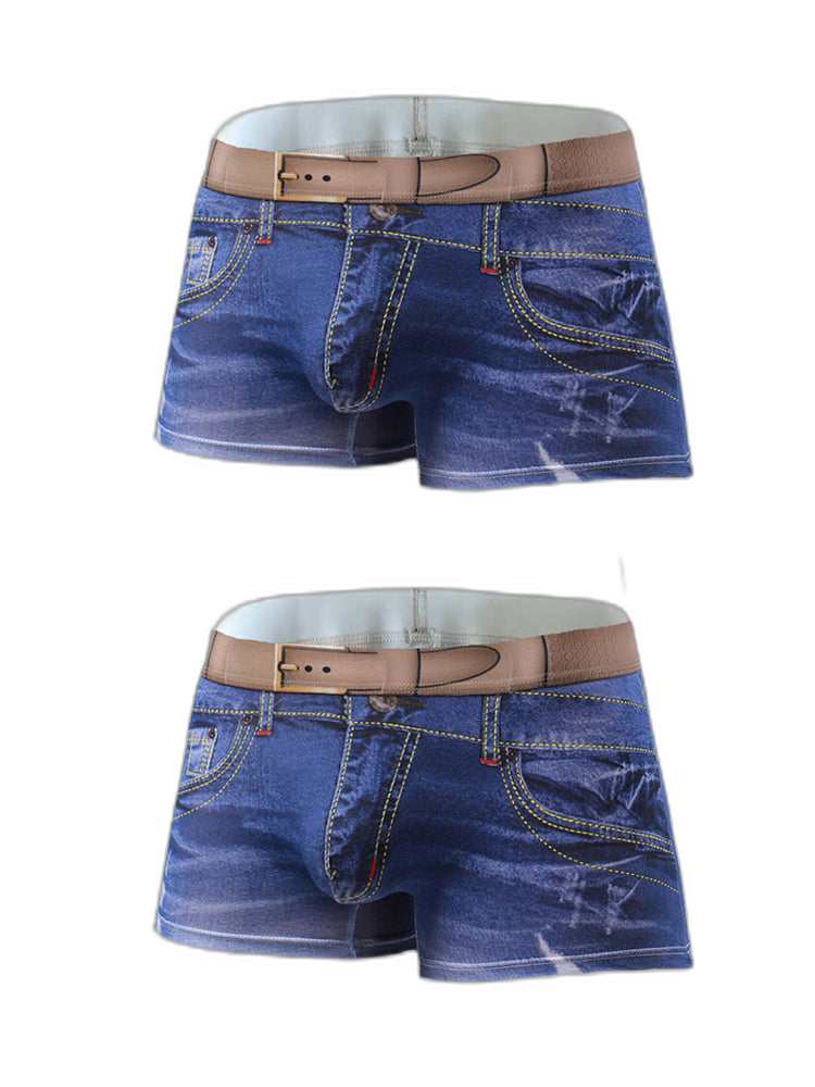2 Pack Men's Denim Printed Cotton Boxer Briefs