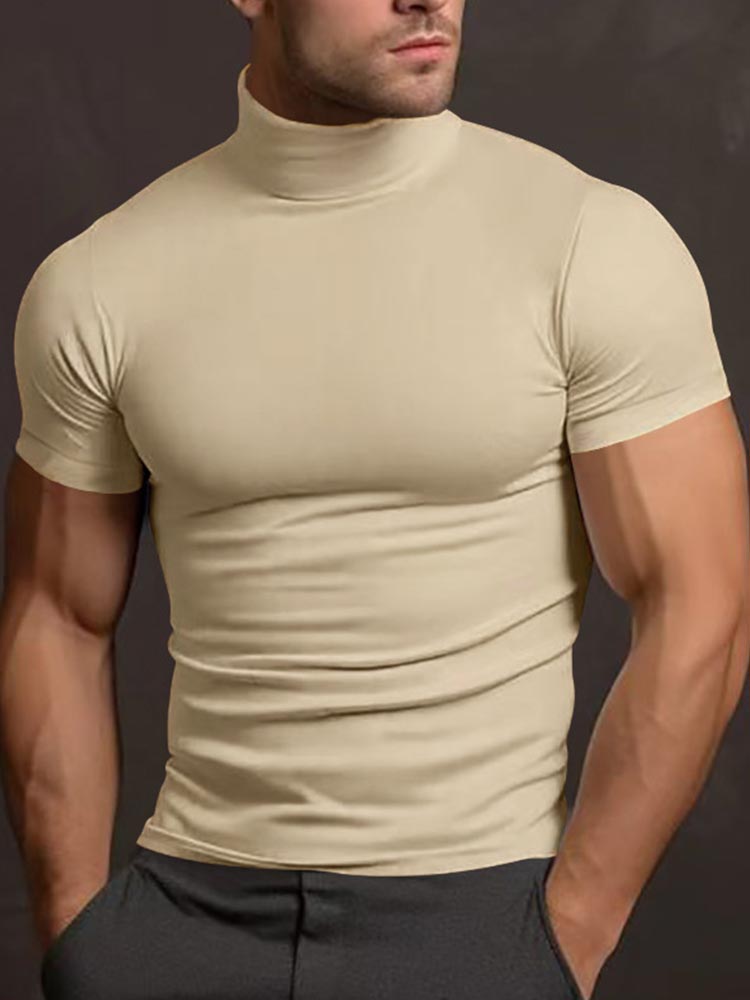 Men's Solid Color Short-sleeved High-neck T-shirt 