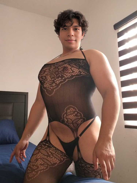 Sexy Lace Cutout Open Crotch Halter Bodysuit