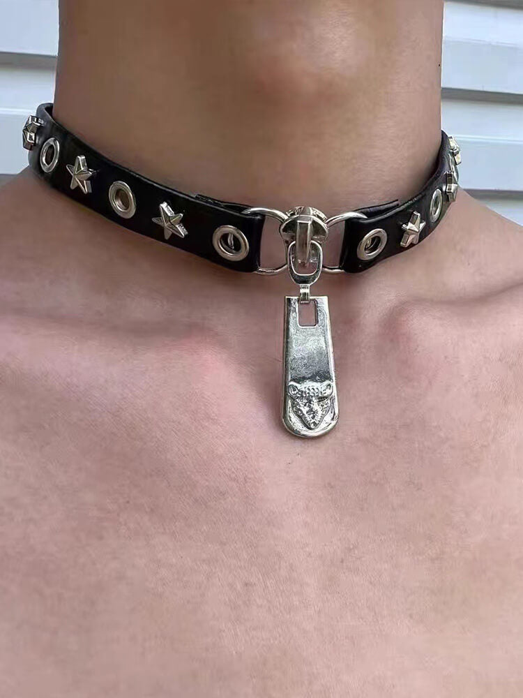 Y2K Alloy Leopard Head Zipper Choker Necklace